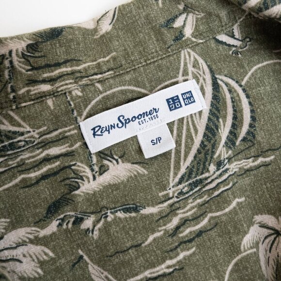 ✨Reyn Spooner x Uniqlo Hawaiian Aloha Shirt Green Palm Tree Sailboat Print Small - Picture 4 of 11